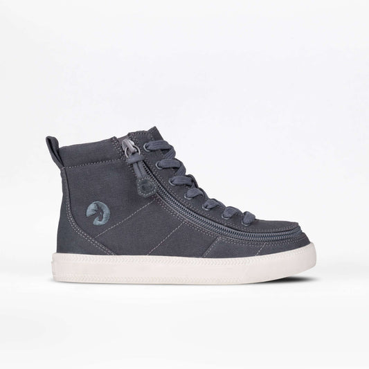 Charcoal and white BILLY Classic Lace kids' high top with side zipper and laces