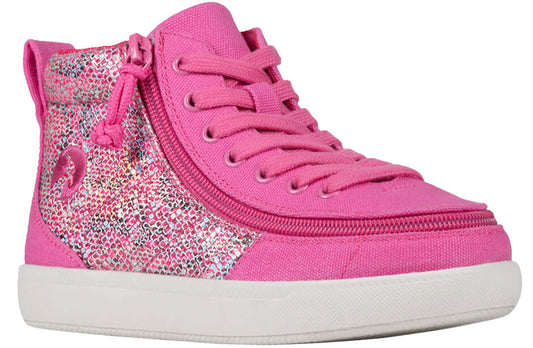 Fuchsia snake print BILLY Classic D|R II kids' high top, AFO-ready with wraparound zipper and extra-depth fit