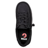 Kid&#39;s black canvas BILLY Classic Lace Low shoe with zipper and laces, top view. Easy on and off design for toddlers and big kids.