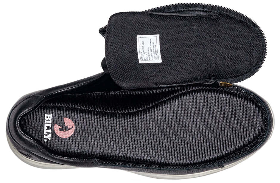 Black BILLY Comfort Low men's adaptive leather comfort shoes with side zipper opened flat, ideal for diabetic feet and AFO users