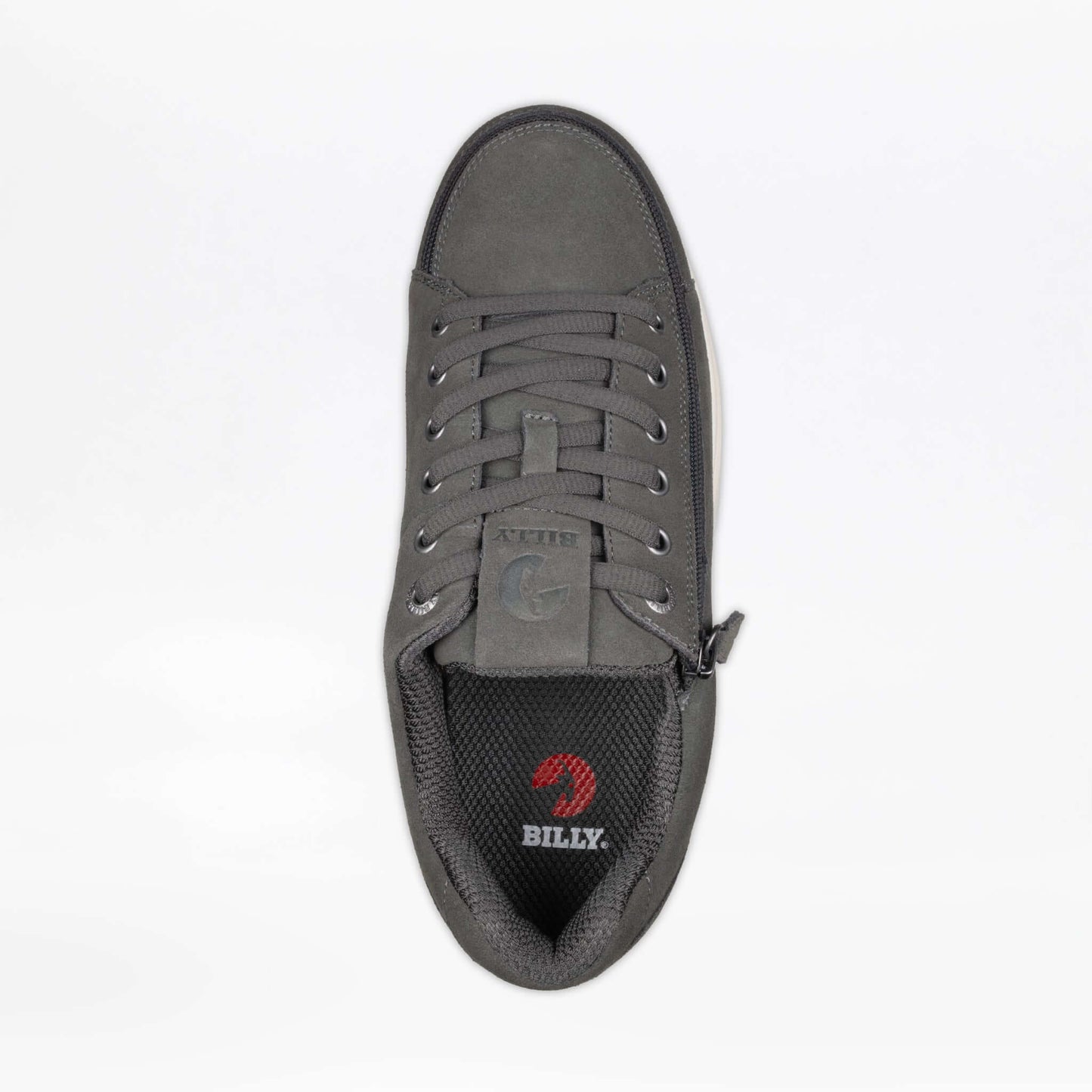Top view of charcoal BILLY men's suede comfort plush shoes with side zipper and cushioned insole, ideal for diabetic feet and arthritis