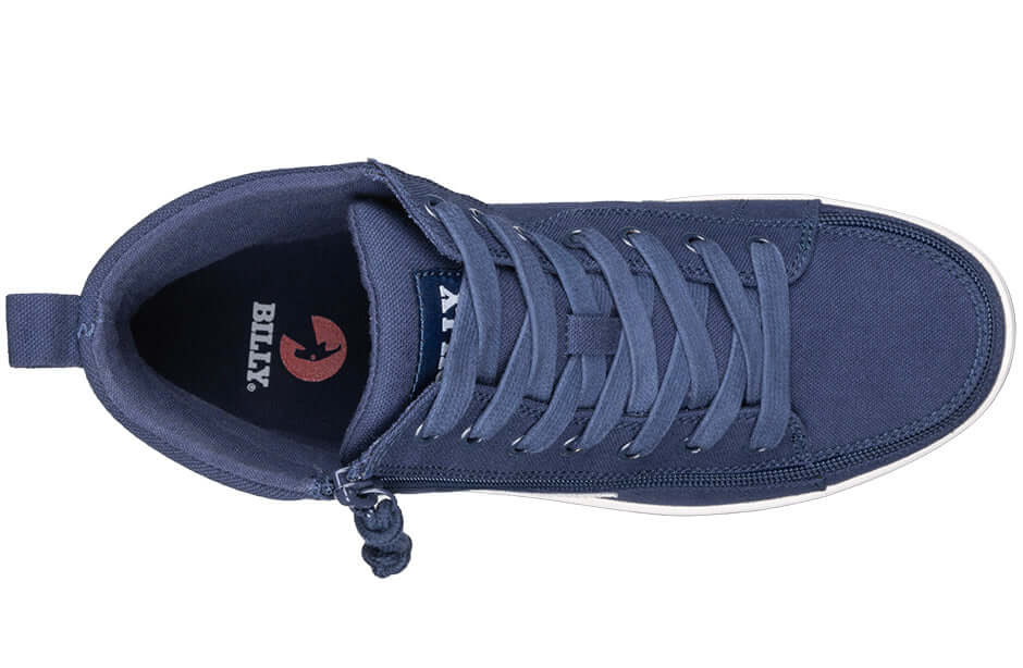 Navy BILLY CS 2.0 men's adaptive high top sneakers top view showing laces and side zipper, ideal for arthritis and wide feet