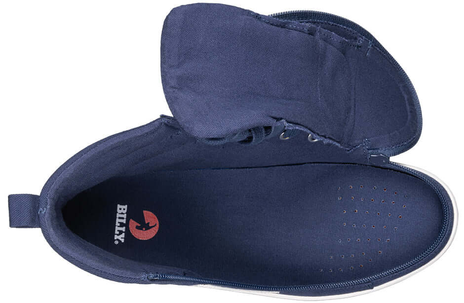 Navy BILLY CS 2.0 men's adaptive high top sneakers with side zipper open showing removable insole, ideal for diabetic feet and arthritis
