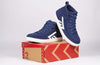 Men&#39;s Navy/White BILLY CS 2.0 High Tops on a shoebox, ideal shoes for diabetes, plantar fasciitis, wide feet, and orthotics use.