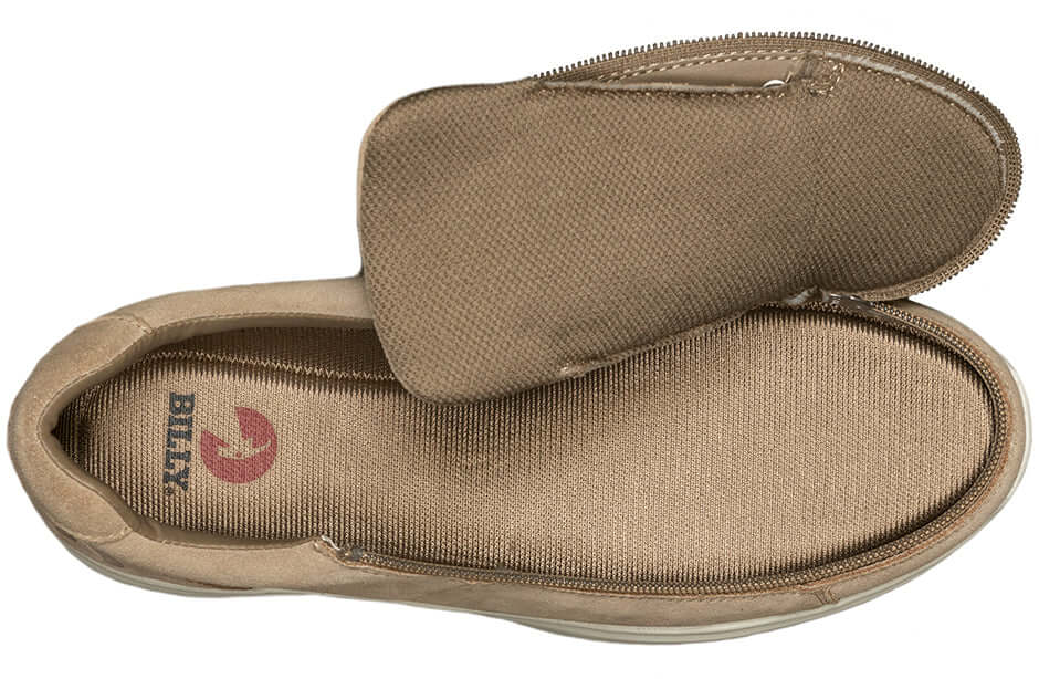Tan BILLY Comfort Low men's adaptive suede comfort shoes opened flat showing side zipper, ideal for arthritis and easier access