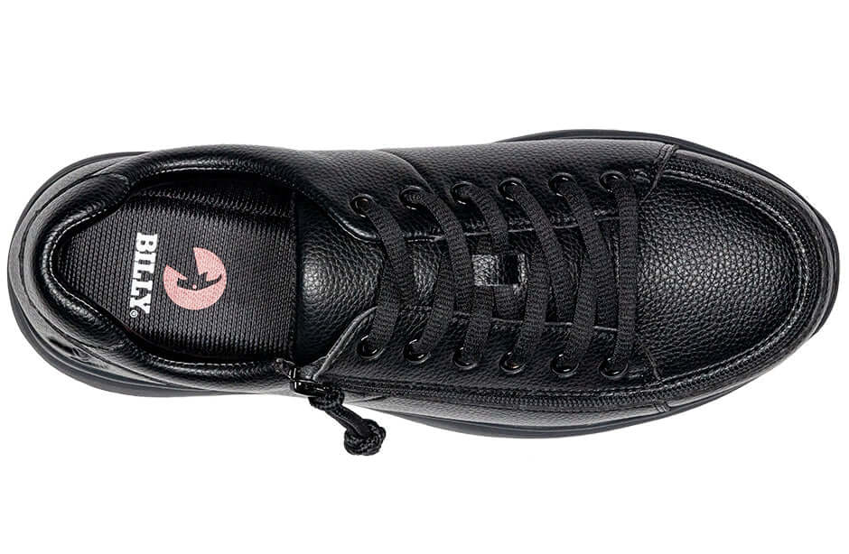 Black BILLY Work Comfort Low men's adaptive slip resistant work shoes top view with side zipper, ideal for arthritis and limited dexterity