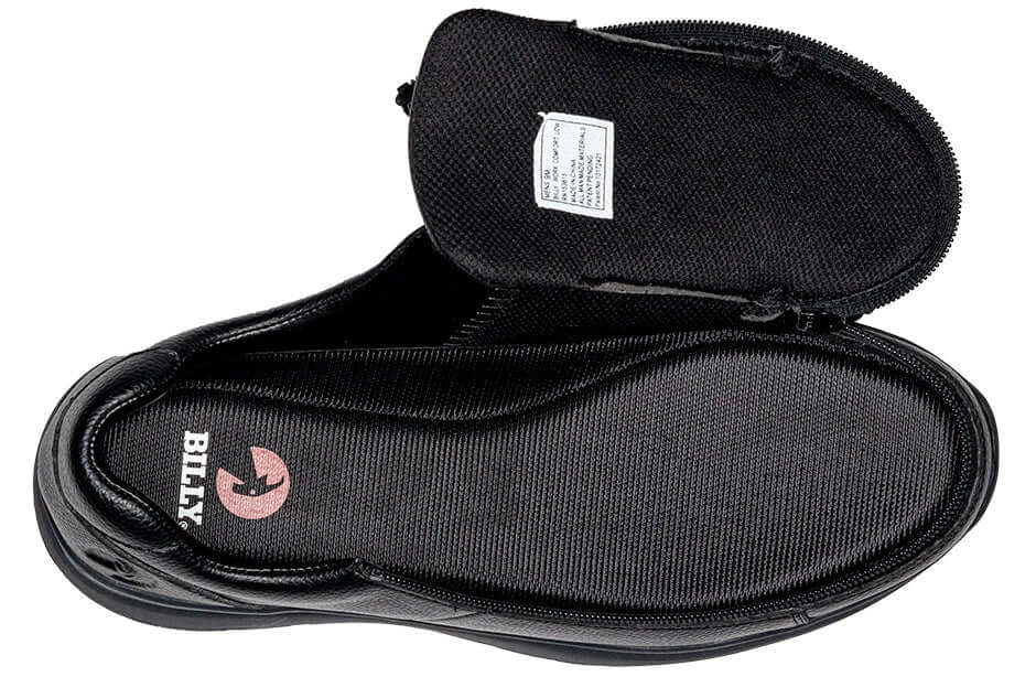 Black BILLY Work Comfort Low men's adaptive slip resistant work shoes with side zipper open showing easy entry, ideal for arthritis