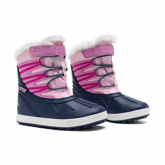 Merrell Snow Bank 5.0 girls' waterproof winter boot in navy and pink, rated to -32C