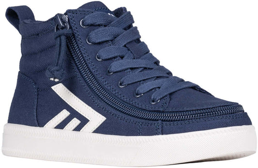 Navy and white BILLY CS 2.0 kids' high top sneaker with wraparound side zipper
