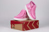 Pink Tie Dye BILLY Street High Tops for kids, easy on and off with zipper, laces, functional and fashionable, on shoebox