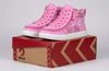 Pink Tie Dye BILLY Street High Tops with laces and zipper, easy on and off for toddlers and big kids, on a shoebox.