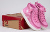 Pink Tie Dye BILLY Street High Tops with laces and side zipper, easy on/off for toddlers and kids, resting on a branded shoebox.