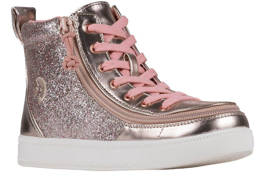 Rose gold unicorn BILLY Classic Lace kids' high top with side zipper and laces