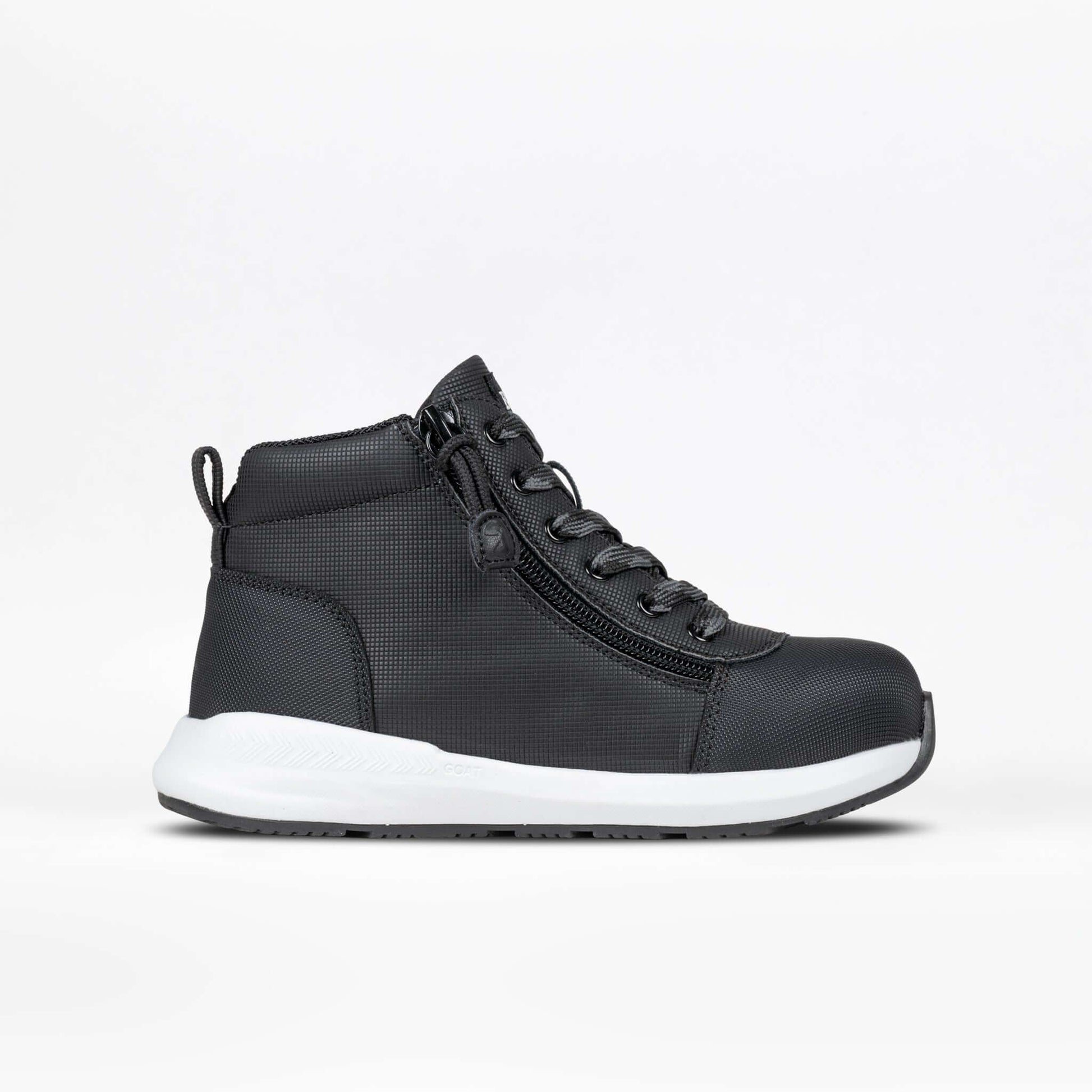 Rugged black BILLY Goat kids' high top with dual side zippers, AFO-ready adaptive design