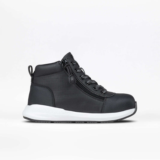 Rugged black BILLY Goat kids' high top with dual side zippers, AFO-ready adaptive design