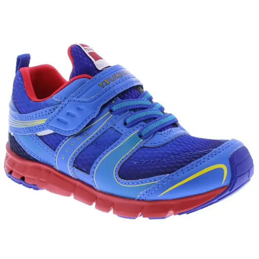 Tsukihoshi Velocity boys' running shoe in blue and red, lightweight and machine washable