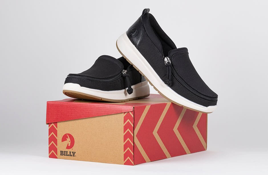 Women's Black BILLY Comfort Mocs on a shoebox, ideal for diabetes, plantar fasciitis, bunions, wide feet, orthotics, and wheelchair use.