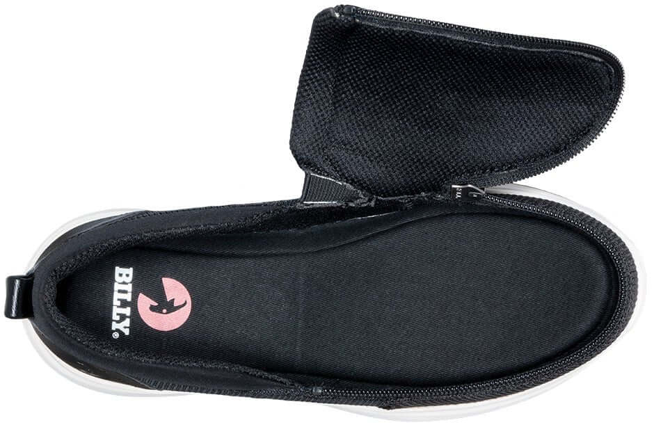 Women's Black BILLY Comfort Mocs with open zipper top view, ideal shoes for diabetes, plantar fasciitis, bunions, wide and extra wide feet.