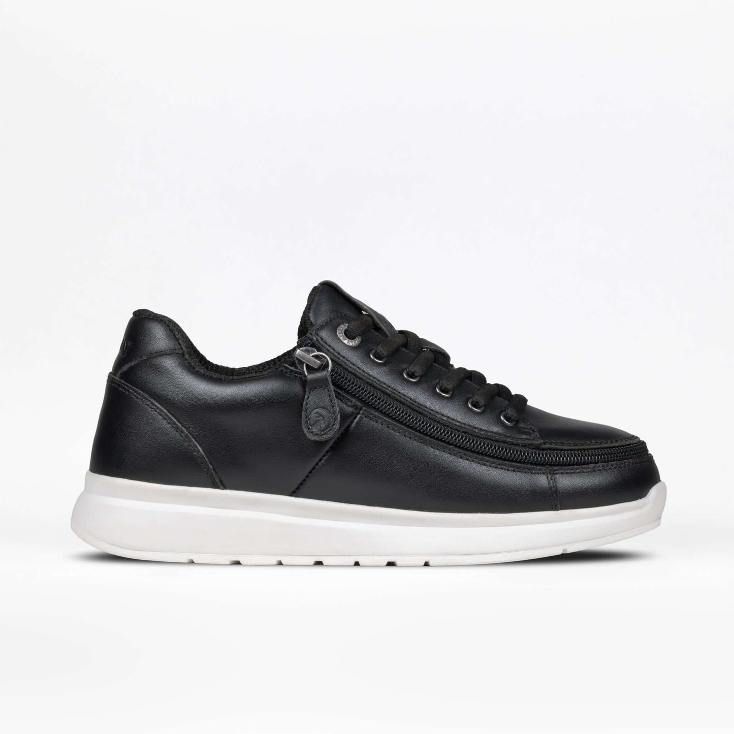 Women's black leather BILLY Comfort Plush adaptive shoe with wraparound side zipper and extra depth
