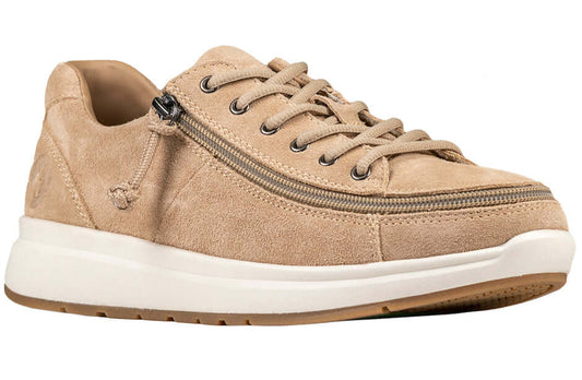 Women's tan suede BILLY Comfort Low, CPMA-certified adaptive shoe with wraparound side zipper