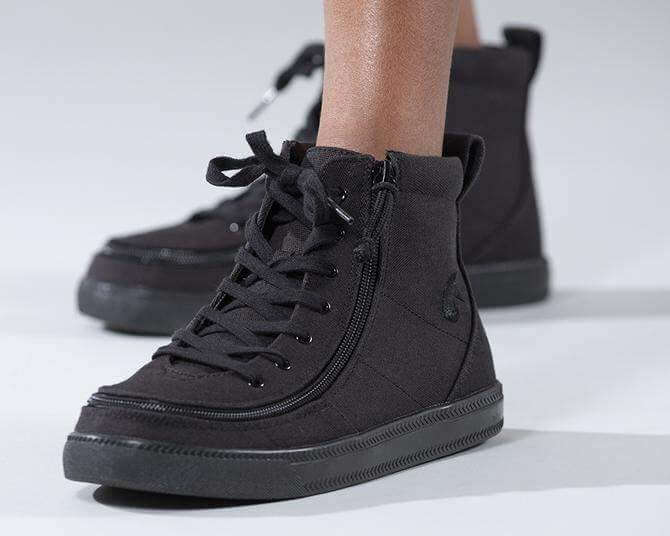Kids black high top sneakers with zippers and laces, easy on and off, functional and fashionable design.