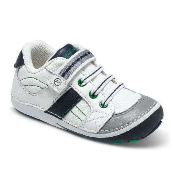 Stride Rite Artie boys' toddler sneaker in white and navy leather with a flexible sole