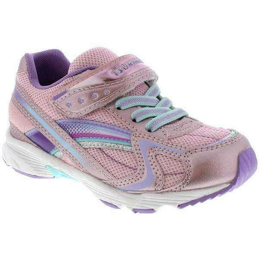 Tsukihoshi Glitz girls' running shoe in rose and lavender, lightweight and machine washable