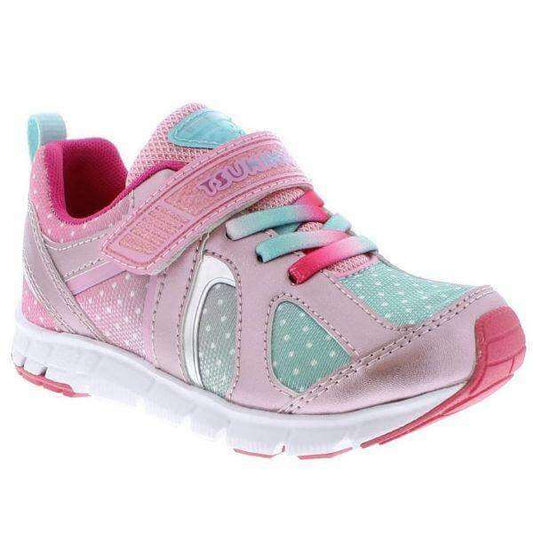 Tsukihoshi Rainbow girls' running shoe in rose and mint, lightweight, supportive and machine washable