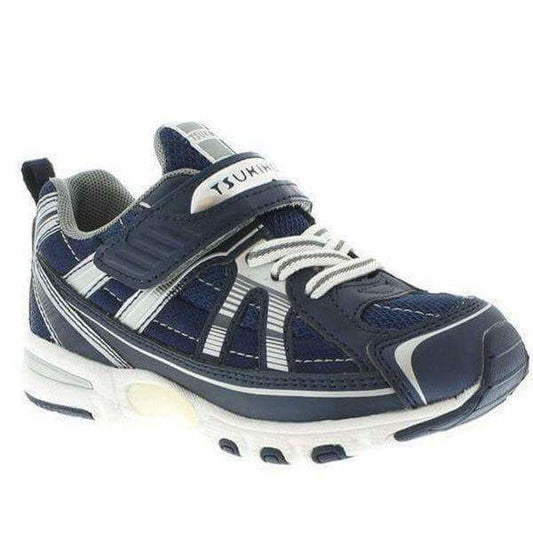 Tsukihoshi Storm boys' running shoe in navy and silver, lightweight, supportive and machine washable
