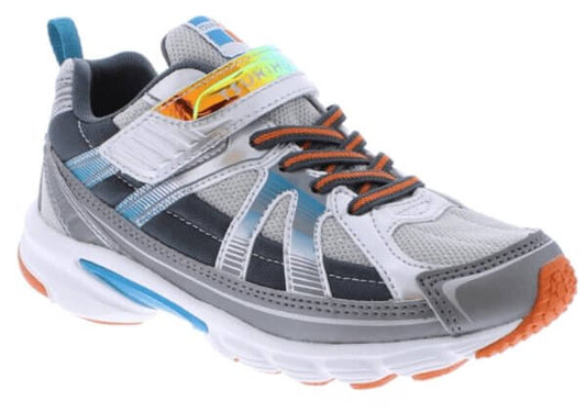 Tsukihoshi Storm boys' running shoe in silver and grey, lightweight, supportive and machine washable