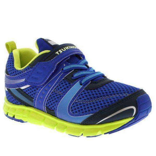 Tsukihoshi Velocity boys' running shoe in blue and lime, lightweight, supportive and machine washable