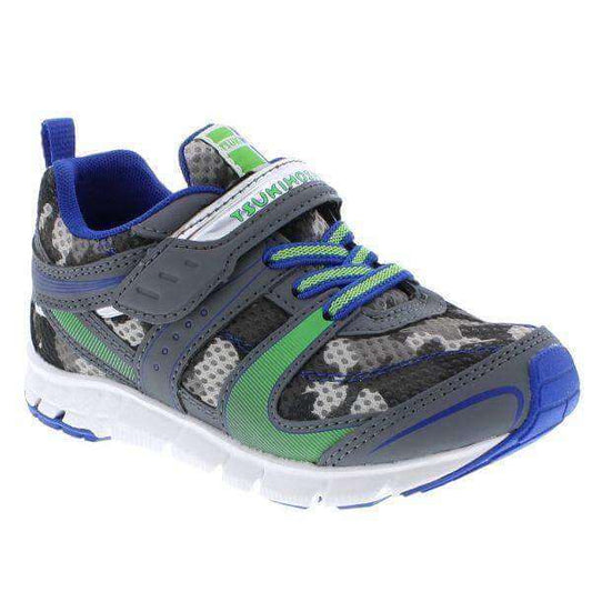 Tsukihoshi Velocity boys' running shoe in grey camo, lightweight, supportive and machine washable