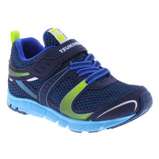 Tsukihoshi Velocity boys' running shoe in navy and sky blue, lightweight and machine washable
